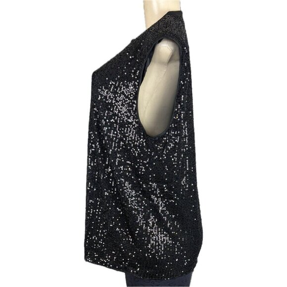 Timing L Black Sequin Crew Knit Neckline Padded Shoulders Sleeveless Tank Blouse - Picture 5 of 6